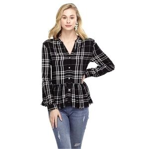 MudPie M Prescott black & white plaid, button down brushed rayon blouse. V-neck.